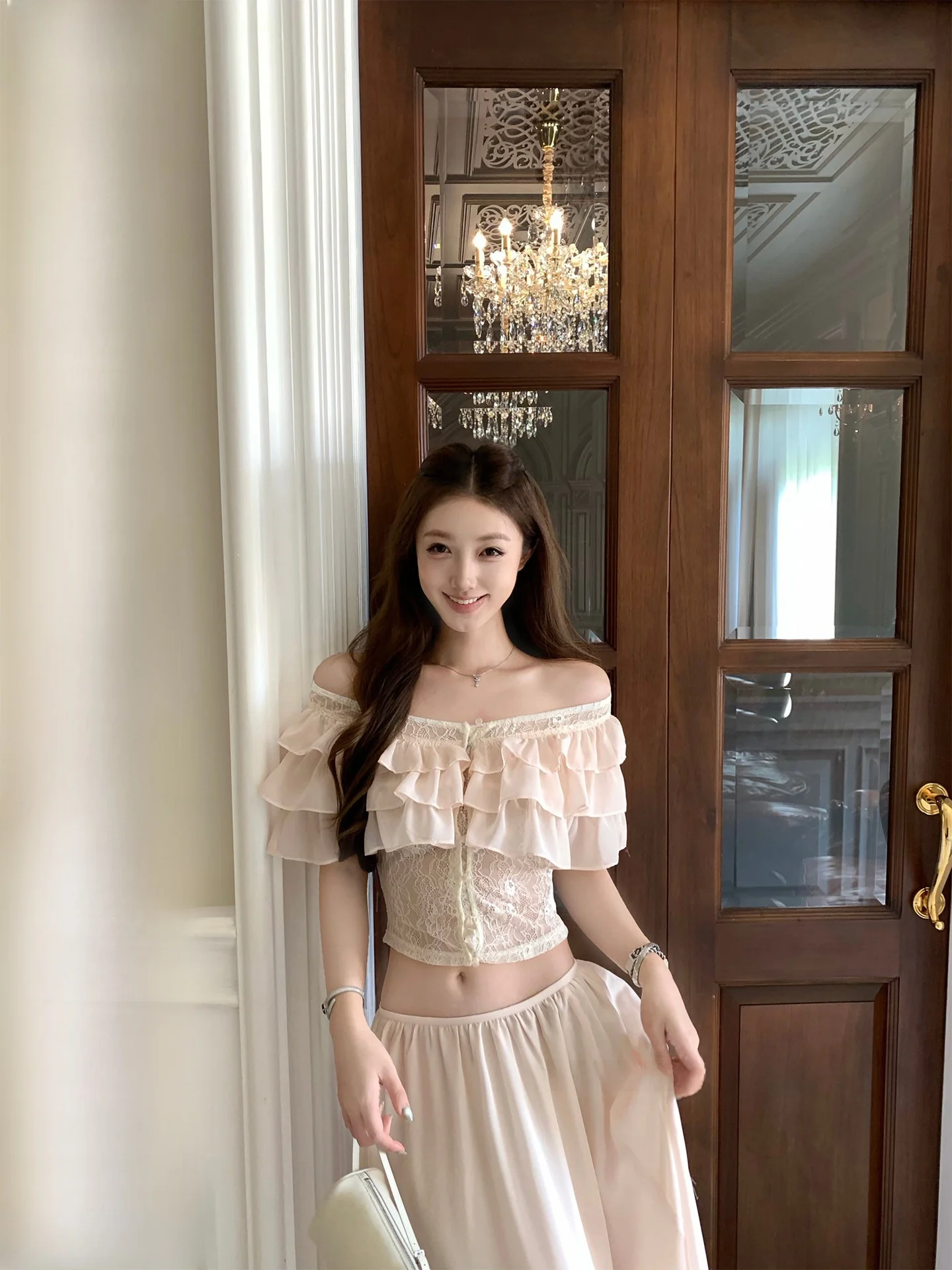 

Bankelili Chestnut Lace Paneling Half Skirt Set Misty Gauze Soft Tulle Bell Sleeve Top Drifting Skirt Casual Women's Fa...