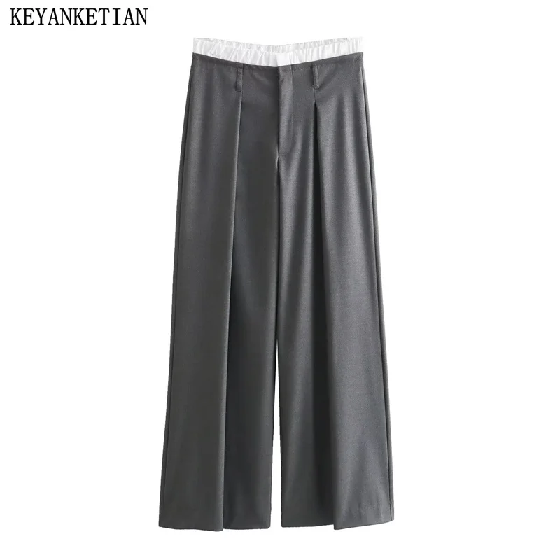 

KEYANKETIAN New Launch Women's Patchwork Zipper High-Waisted Wide leg pants Unisex style Fashion Loose Leisure Trousers Gray