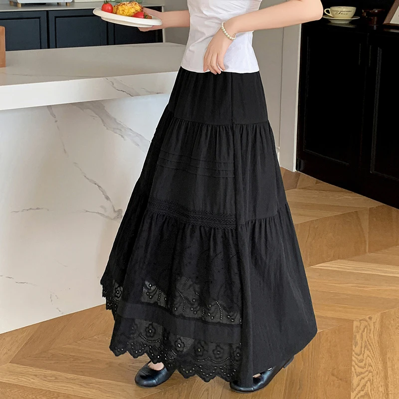 Seoulish 2025 primavera verão novo elegante laço crochê bolo a linha saia para mulheres preto branco cintura alta coreano saia longa feminina