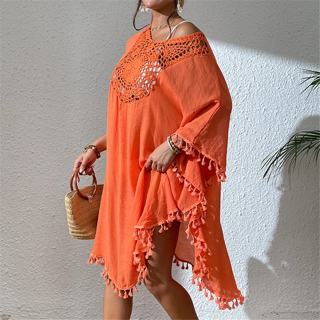 Neue Tunika mit Fransen, Quasten und Stickerei, halblange Ärmel, Strandkleid, langes Strandkleid, Strandmode, Damen, V5328 – Detail 21
