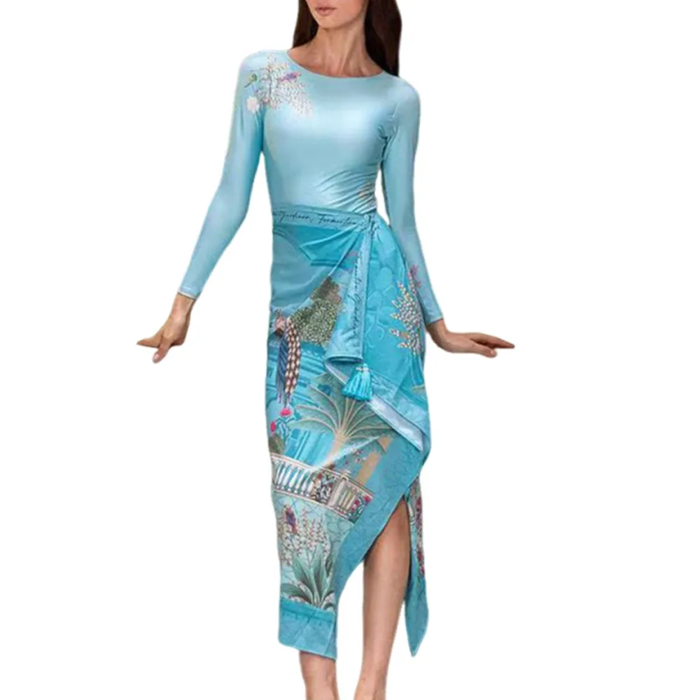 

2Pcs/Set Fashion Summer Women's Swimwear Sunscreen Sports Bathing Suit Vintage Long-Sleeved Bikini Set Beach