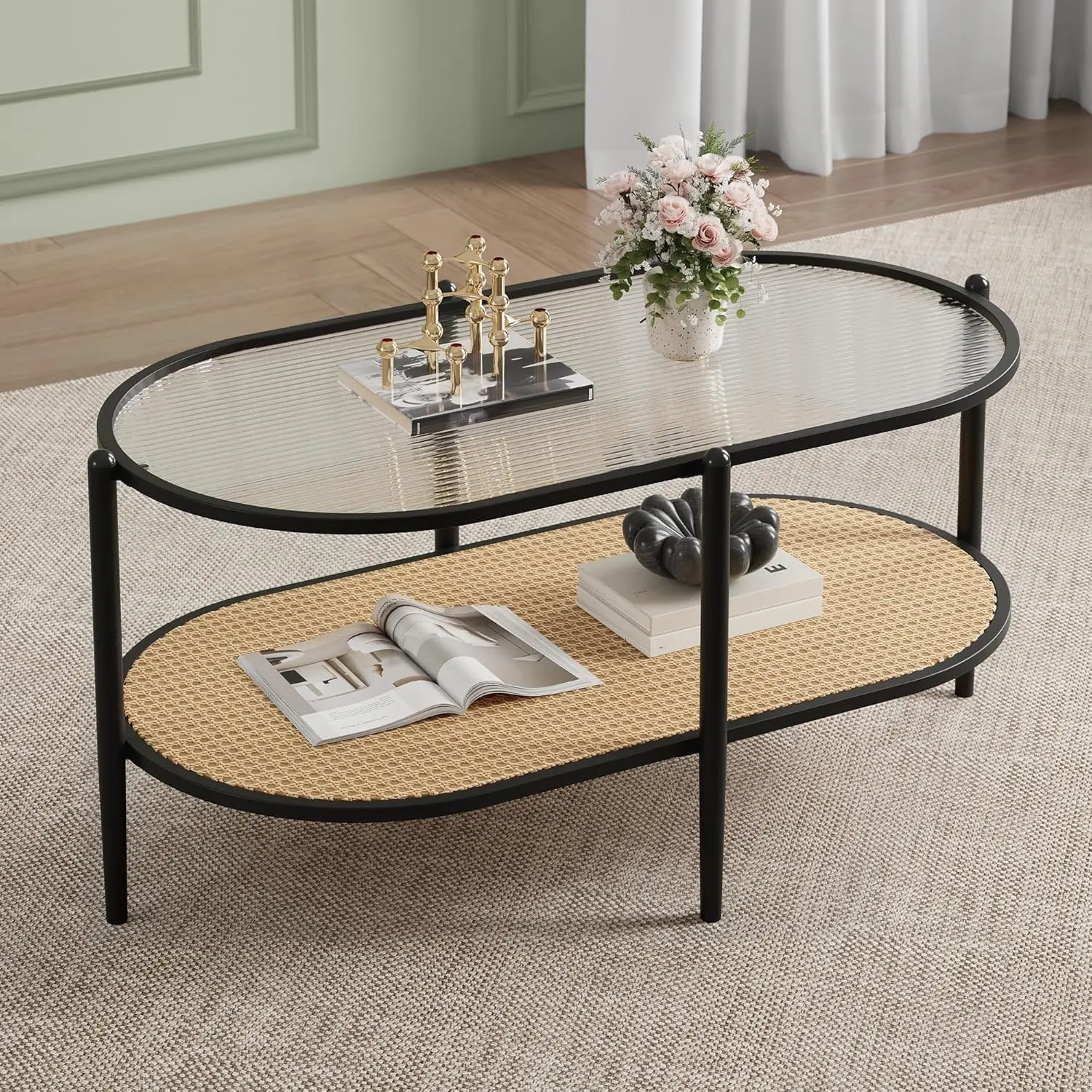 Ovaler Couchtisch mit 2-stufigem Aufbewahrungsregal und Metallrahmen, Wasserwellen-Glasplatte, Farmhouse-Beistelltische für Wohnzimmer und Schlafzimmer