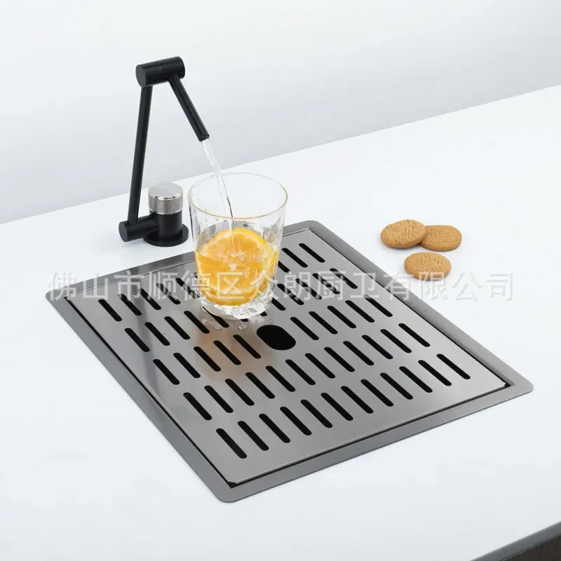 304 Stainless Steel Nano Black Handmade Kitchen Sink Single Bowl with Folding Faucet and Cover for Small Bar Cabinet Side