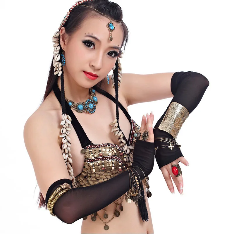 Sexy Lace Black Silk Fingerless Long Gloves Summer Outdoor Sunscreen Mittenss Beads Belly Bance Latin Stage Performance Sleeves