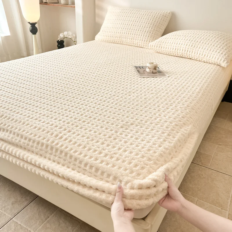 

Waffle Fleece Mattress Topper Soft Milk Fleece Warm Bedspread Solid Color Winter Bedding Mattress Pad for Bed Dorm Cozy Home Use