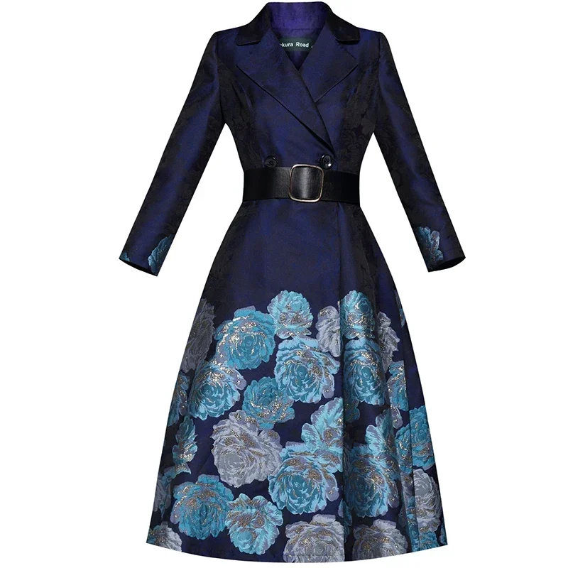 

New Autumn Women Lapel Luxury Blue Rose Jacquard Slim Long Trench Coat Retro Double Breasted Overcoat Lady Elegant Windbreaker