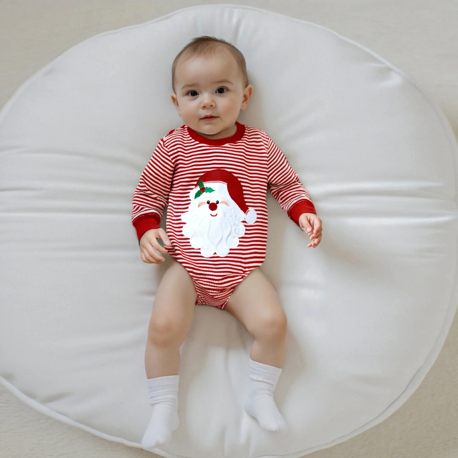 

Winter Baby Striped Romper Fashionable Santa/Christmas Tree Embroidery Round Neck Long Sleeve Bodysuits Jumpsuit