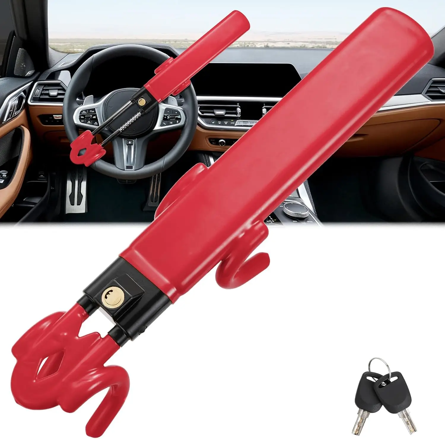 Steering Wheel Lock Twin Bar, Anti-Theft Heavy Duty Car Van Wheel Locks Crook Lock for Car Security SUV Wheel Locks + 2 Keys