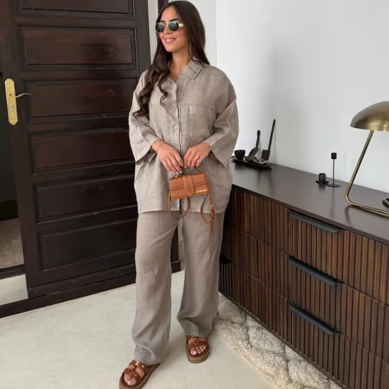 Fashion With Pocket Two Piece Set For Women 2024 New Loose Casual Shirt & Wide Leg Pant Sets Solid Female Vacation Outfits
