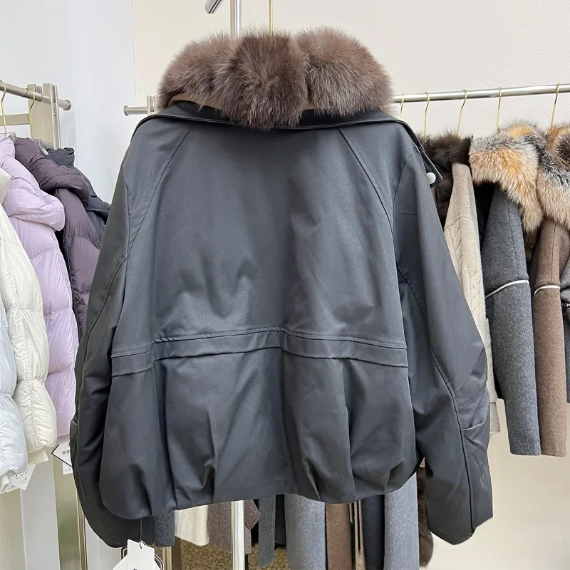 2026 Women Winter Fox Fur Collar 90% White Duck Down Jacket Short Loose Thick Warm Hooded Puffer Parka Coat