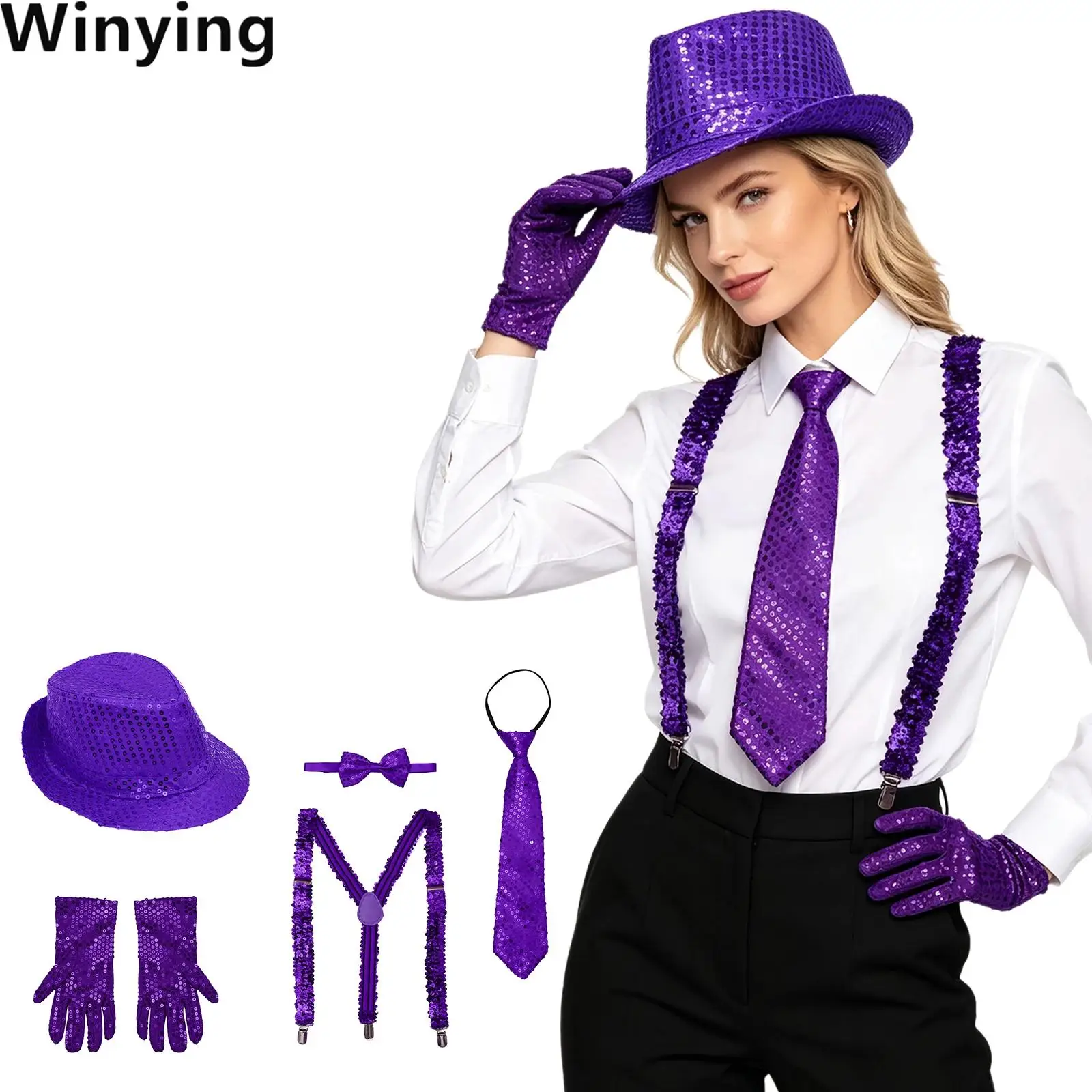 Disco Sequin Short-brimmed Hat Y-back Elastic Suspender Necktie Adjustable Bow Tie Gloves Accessaries Set for Halloween