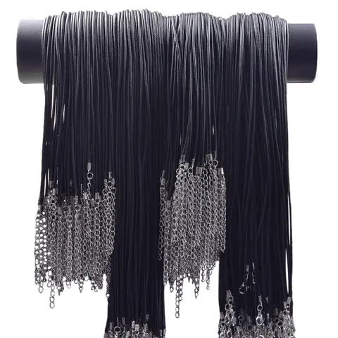 Collar de cadena de cuerda de cuero negro de 50/55/60cm, 10/20/30 unids/lote, cadenas extendidas de aleación, collares DIY de cera para mujeres y hombres, cierre de langosta