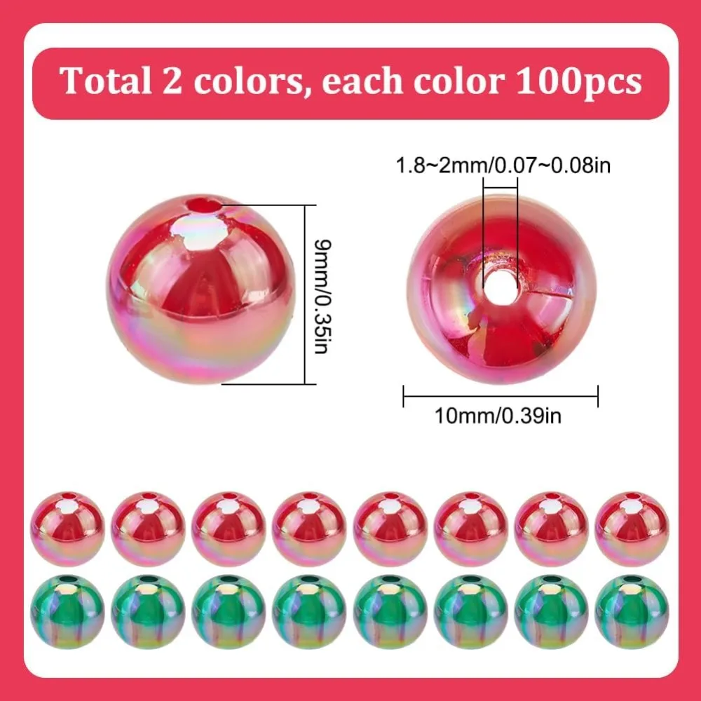 200pcs Christmas Beads 10mm Round Red Acrylic Beads Plastic Transparent Clear Ab Colored Green Bubble Spacer Bulk making kit