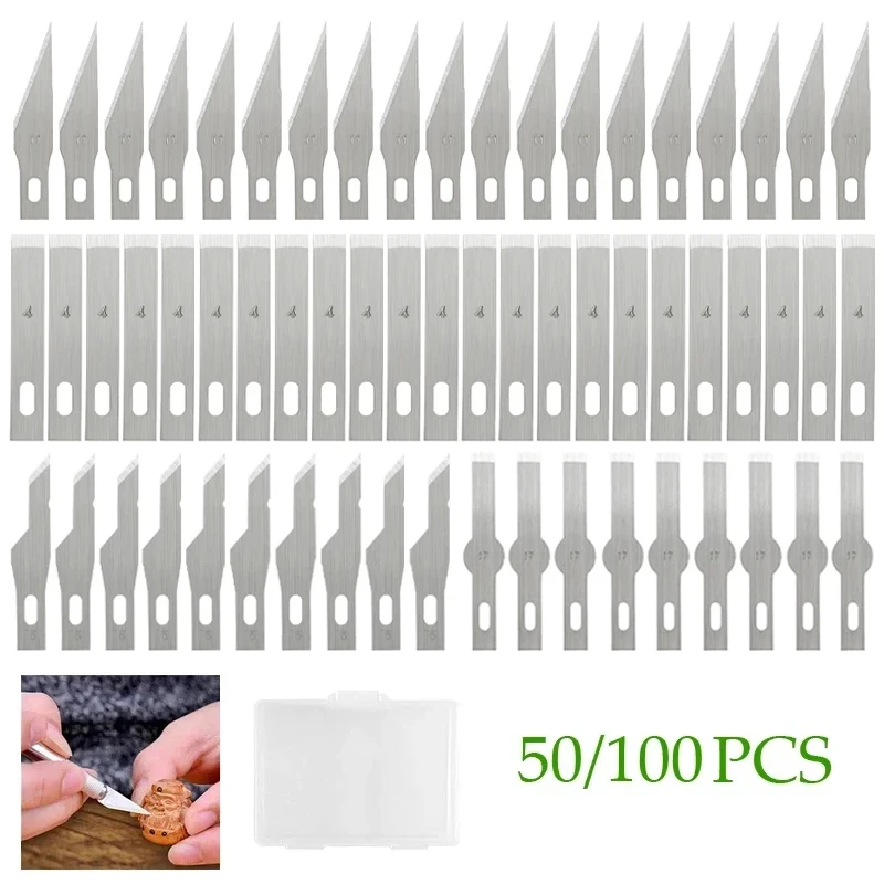 50/100Pcs Blades Stainless Steel Engraving Knife Blades Metal Blade Wood Carving Blade Replacement Surgical Scalpel Craft Tools