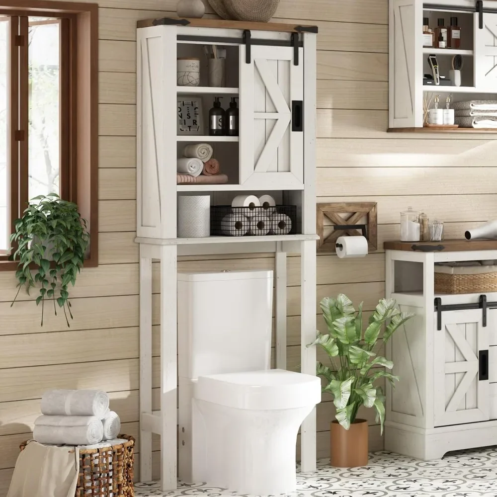 

A 68 Inch High Toilet Storage Rack with Sliding Barn Doors and Adjustable Shelves, Used for A Farmhouse Bathroom