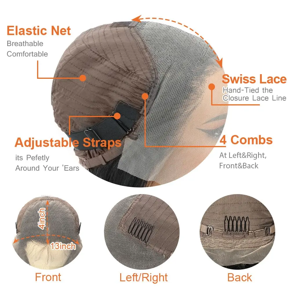 شعر مستعار بدانتيل أمامي شفاف 13x4 شعر بشري كثافة 180% تم قطعه مسبقًا مع شعر أطفال للنساء لون طبيعي برازيلي