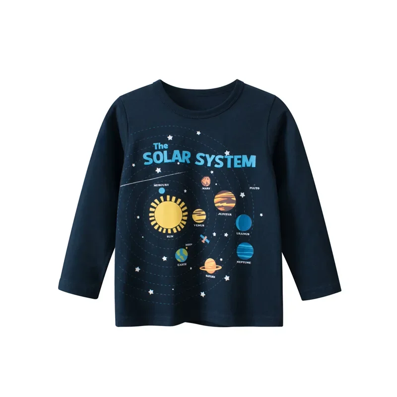 Cartoon Space T-Shirt for Boys Girls 2024 Brand Children\'s Clothing Autumn New Kids Bottoming Shirts Long Sleeve Cotton Tops Tee