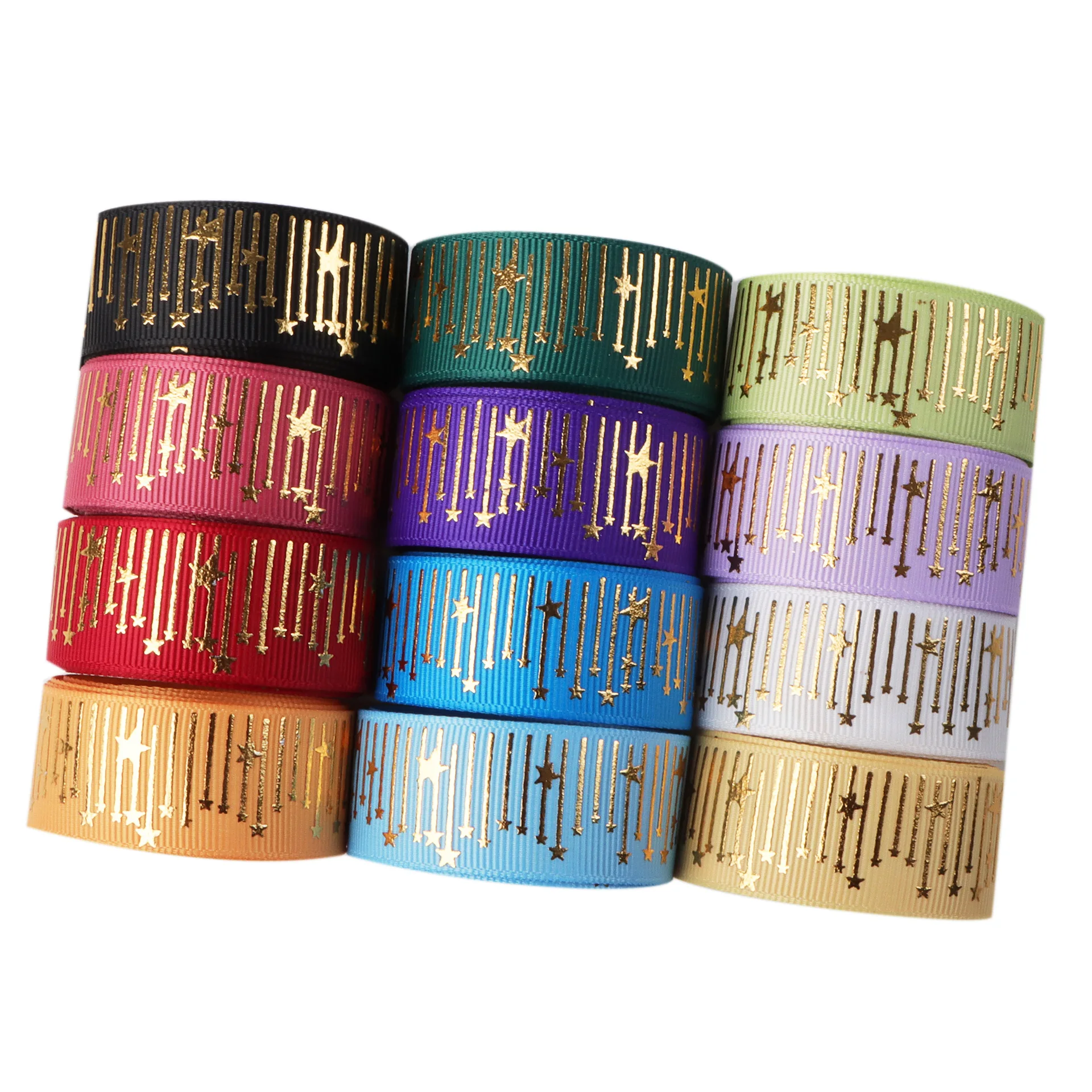 7/8 Inch 22mm Grosgrain Ribbon with Gold & Silver Foil Star and Mountain Prints, DIY Craft Supply for Gift Wrapping & Hair Bow