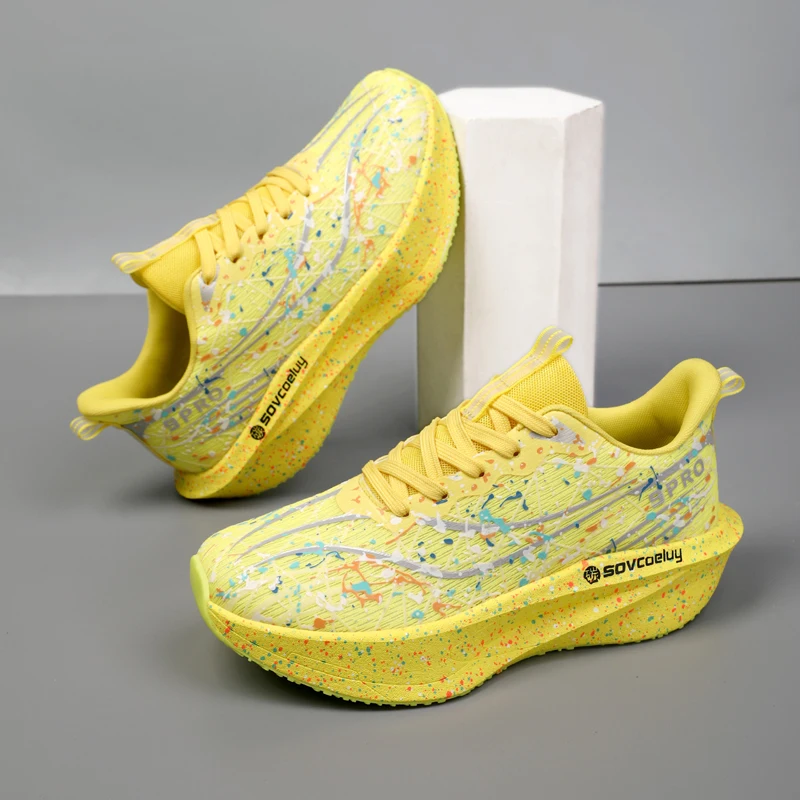 2026 ultra light full palm carbon plate sports Running Shoes With Dreamy Ink Splashing Design, Pink Sports Casual Running Shoes