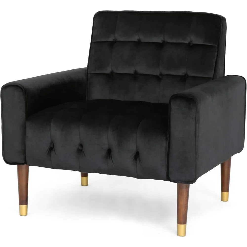 

Betsy Velvet Armchair, Modern Glam, Button-Tufted, Waffle Stitching, Black