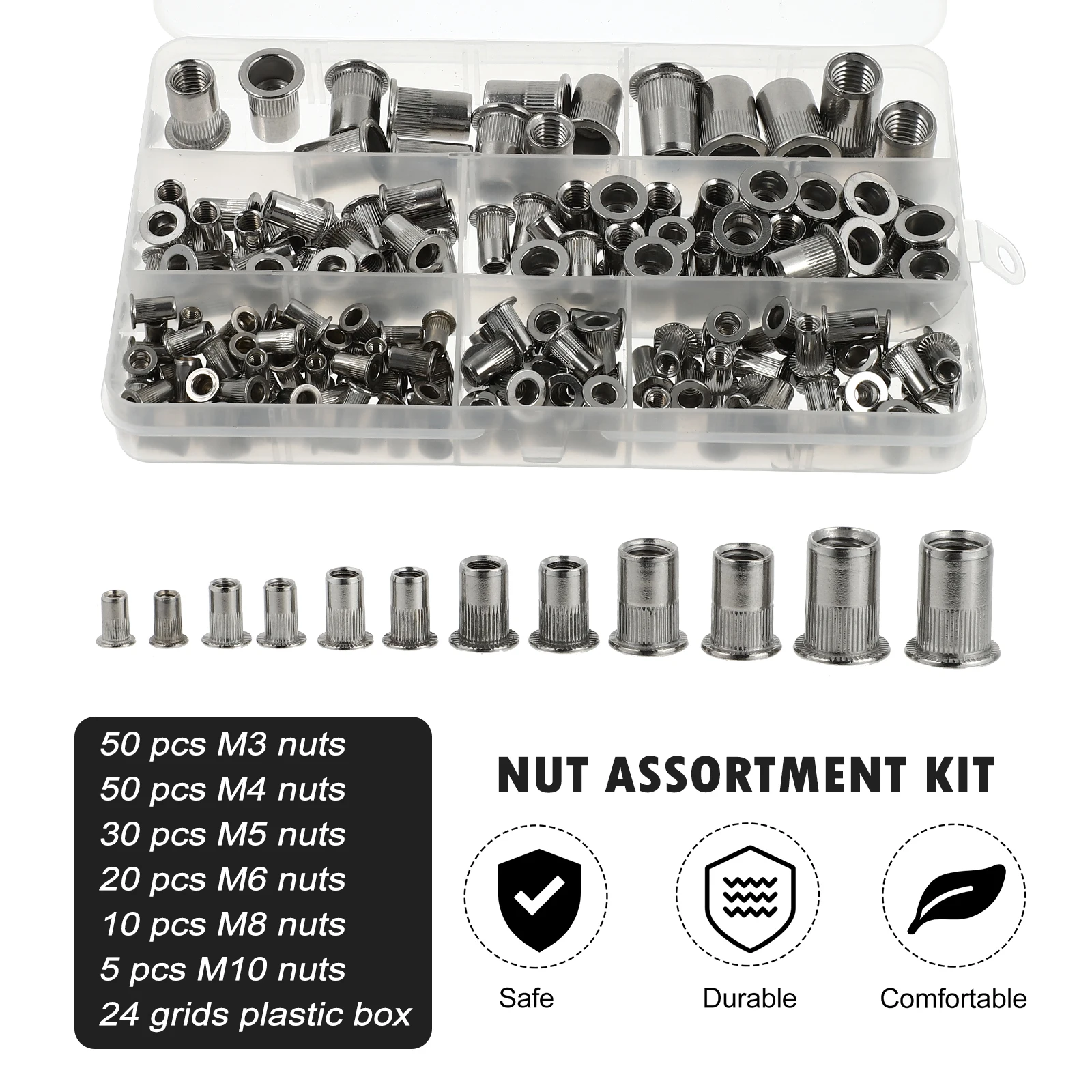 

165 Pcs Nut Assortment Kit Nuts Stainless Steel Set Inserts Flat Head Screw Fasteners Nut Assortment Kit Hardware