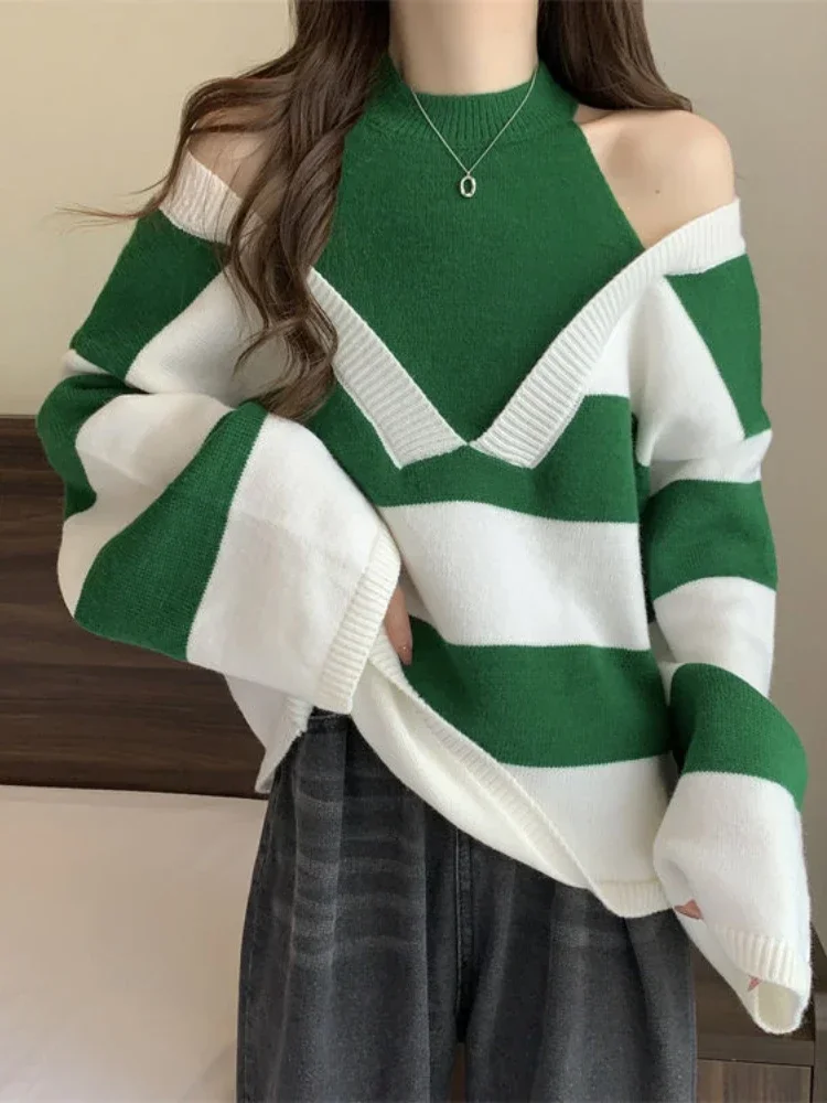 

Fake Two Neck Hanging Off Shoulder Long Sleeved Pullover for Women 2024 New Autumn and Winter Warm Loose Patchwork Striped Top