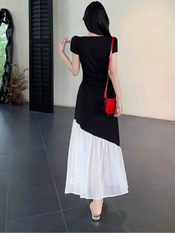 plus Size Short Sleeve Dress Women Summer Waist Cinching Slimming Patchwork Long Dress Slightly Plump MM Hepburn Style Color ...