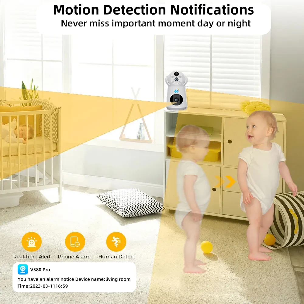 V380 4G SIM Card Camera 4MP PTZ 4K WiFi 360° Baby Monitor AI Cry Detection 4000mAh CCTV