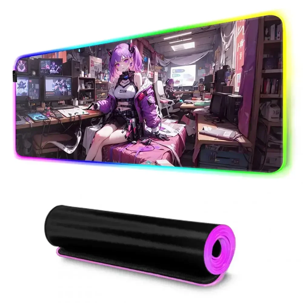 Punk Street Girl RGB Mouse Pad, Tablet, PC, Laptop, XXL, Desktop, Cute HD Rainbow Gaming Keyboard, CSGO Player, 90x40