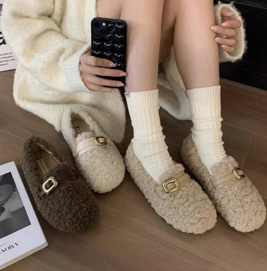 2024 New Women's Winter Plush Shoes Wear Non Slip Warm Flats Snow Boots Fashion Women Lamb Wool Slip On Loafers Moccasin ﻿Footwe