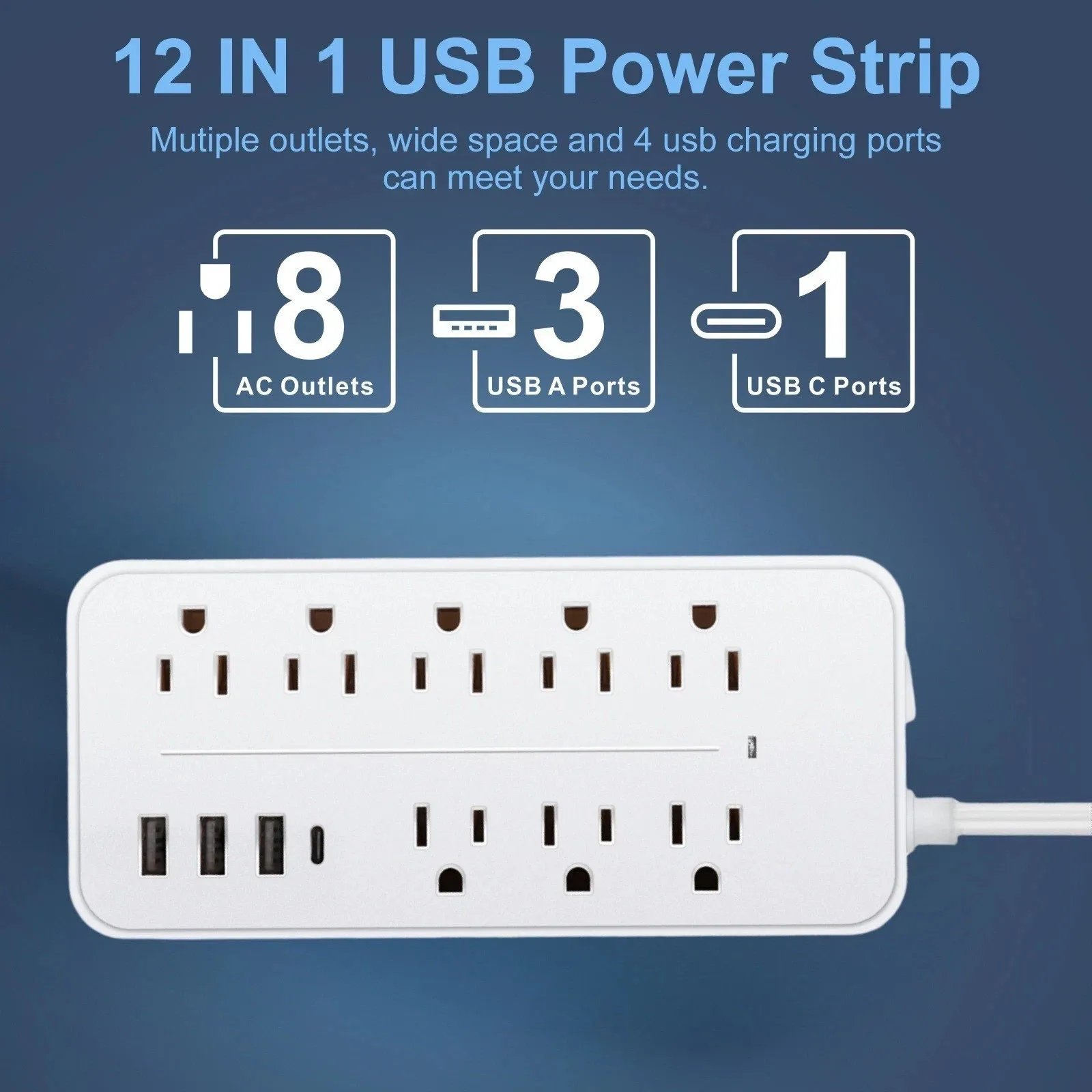 8 Outlet Power Strip Surge Protector with 3 USB A and 1 Type C Charging Ports, 5FT Extension Cord, 125V 15A Wall Mount Plug Strip for Home Office Dorm Kitchen Bedroom, USA Standard