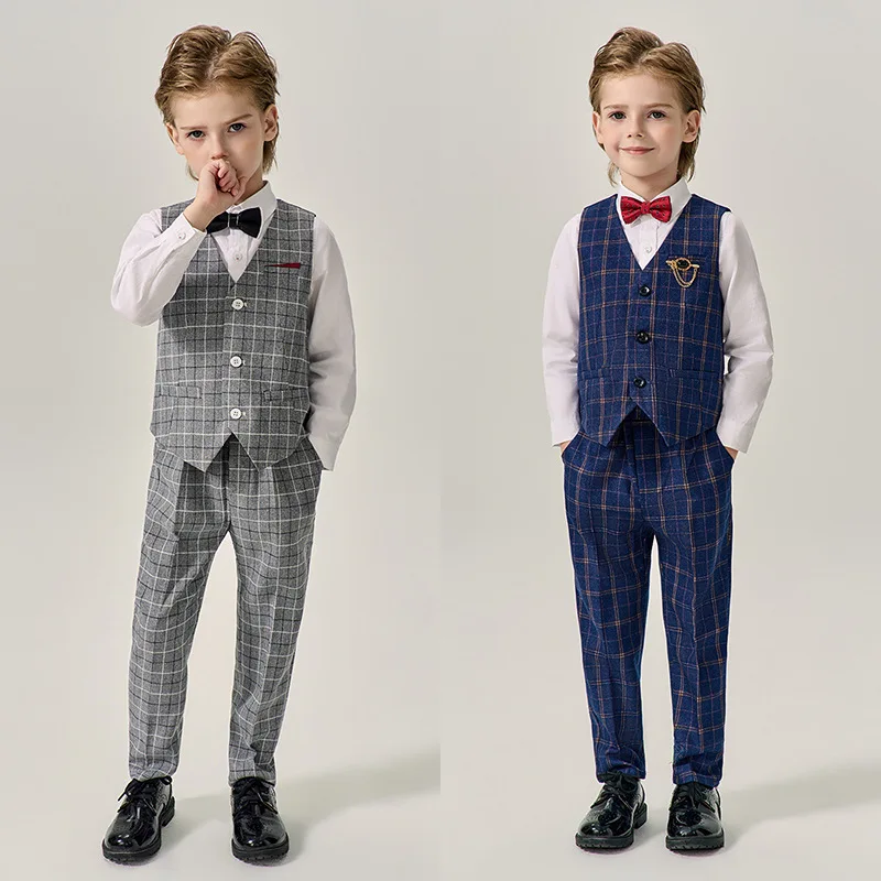 Kids Plaid Vest Tuxedos High Quality Boys Suit Waistcoat Wedding Clothes Sets Toddler Formal Dress Child School Uniform Outfits