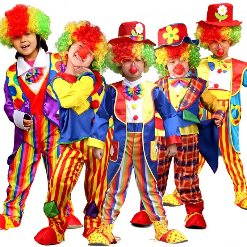 Funny Circus Clown Cosplay Costumes with Shoes Wig Nose Children's Day Party Halloween S-XXL for Boys Girls