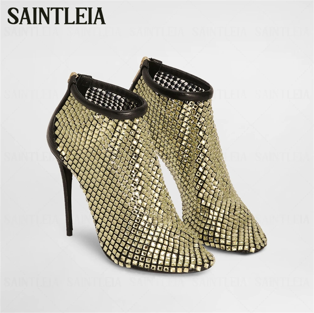 

Strass Net Stiletto Booties Round Toe Back Zip Summer Boots Mesh Stitching High Heel Crystal Sandal Boots for Women Black Green