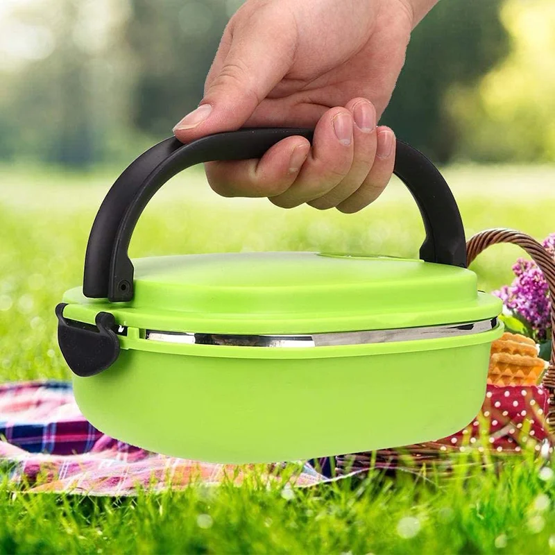 Portable Lunch Bento Box with Folding Handle Stainless Steel Liner Leakproof Food Storage Containers Outdoor Bento Boxes