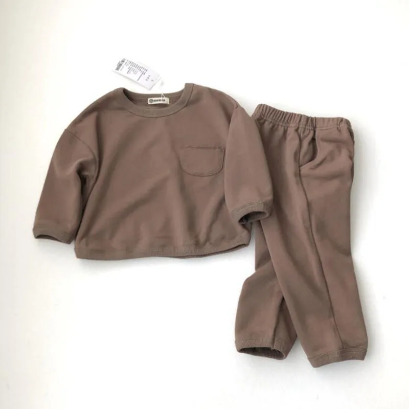 Korean Style 2-6Yrs Children Clothing Suit Long Sleeve Cotton Solid T-shirt+Pants Spring Autumn Baby Boys Girls Clothes Set