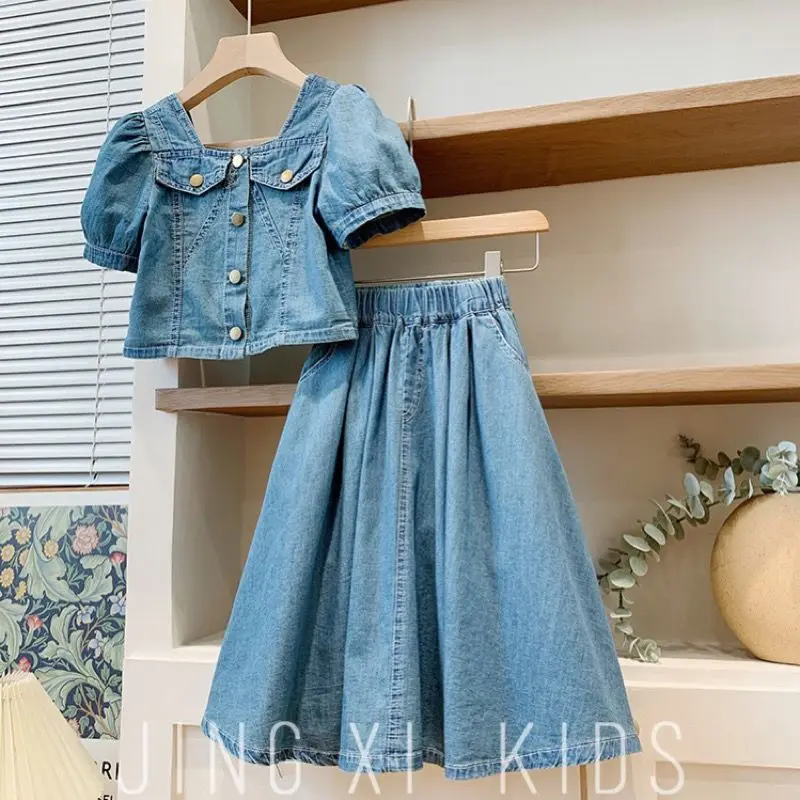 

Children's clothing set 2025 summer new style girls' French retro denim short sleeved shirt+skirt 2-piece set
