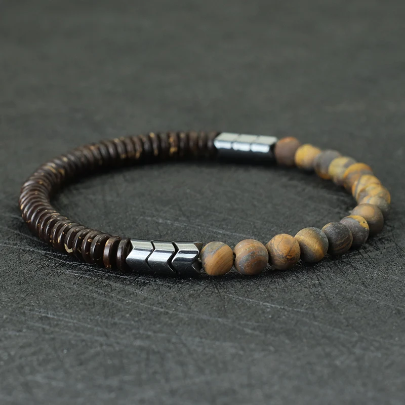 Antique Handmade Natural Stone Beads Bracelet Coconut Wooden Mens Yoga Balance Braclet For Male Meditation Jewelry Homme