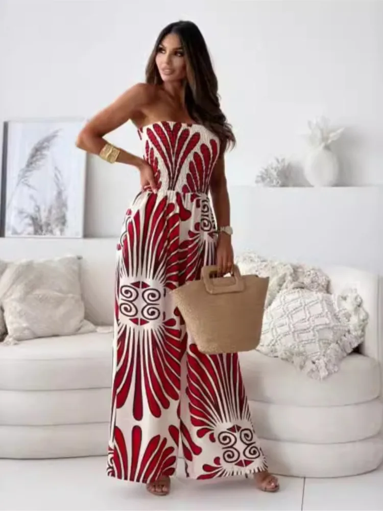 New Autumn One-shoulder Tube Top Jumpsuit For Women Fashion Casual Print Elegant Holiday Jumpsuits Female