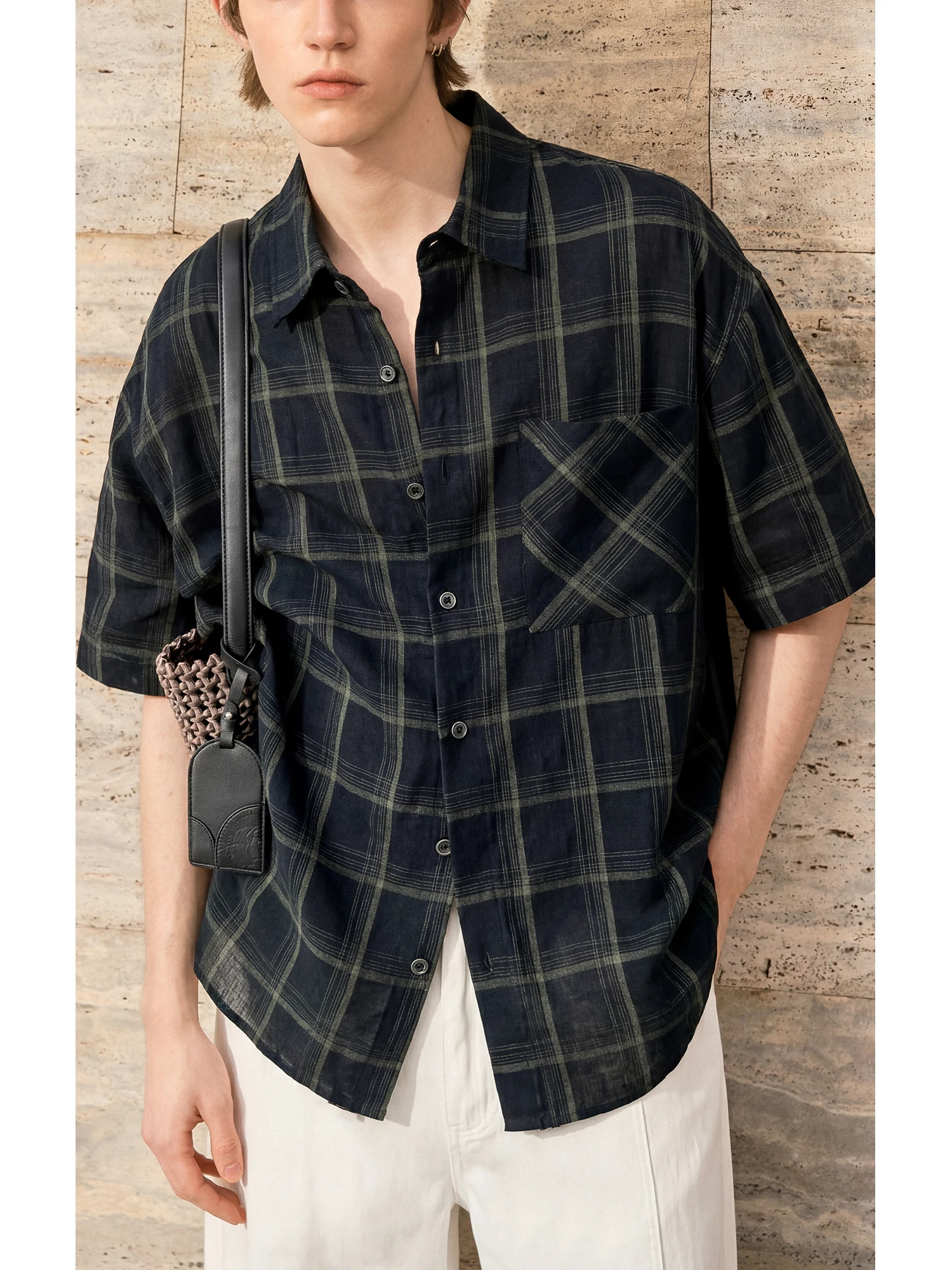 Loose Men's Linen Shirt Breathable Short Sleeve Casual Summer Outerwear High Street Style Mr. Twenty-Eight Plaid Design