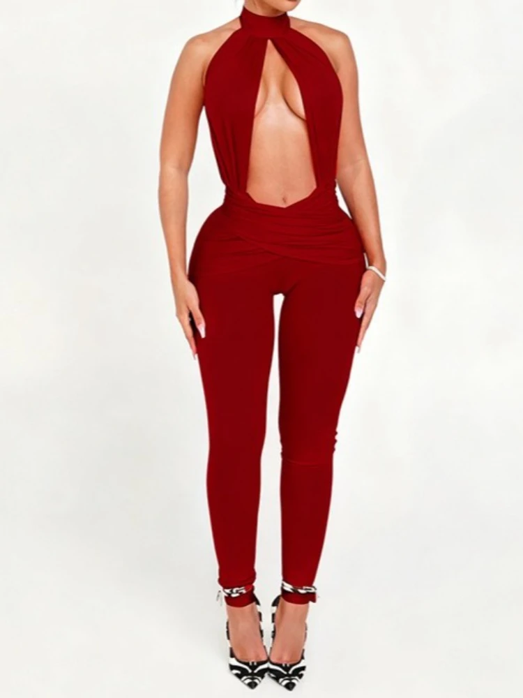 SsTss المرأة الصيف الصلبة الرسن طوق عارية الذراعين سليم بذلة قطع التفاصيل أكمام Ruched بناطيل ضيقة وزرة كلوبوير #3