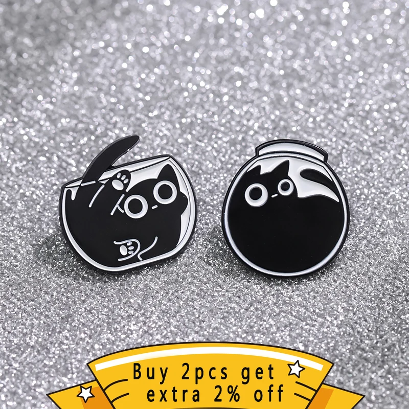 Black Cat In Terrarium Enamel Pins Custom Cute Kitten Brooches Lapel Badges Cartoon Animal Gothic Jewelry Gift For Kids Friends