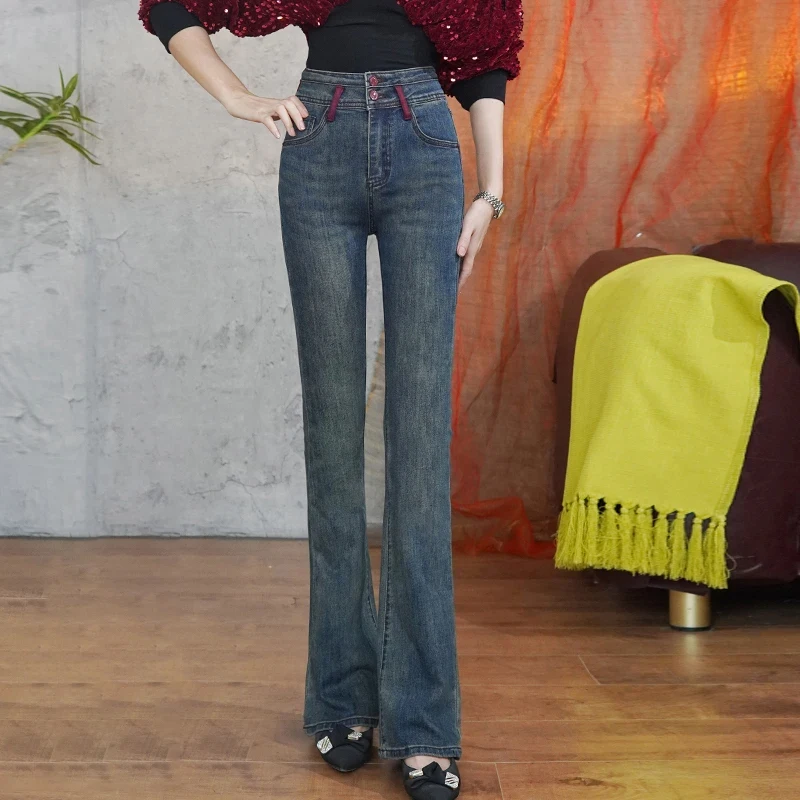 

Ретро американские джинсы-колокольчики с высокой талией, женские облегающие эластичные брюки-копыта, осень-зима, Новое поступление, глубокий цвет