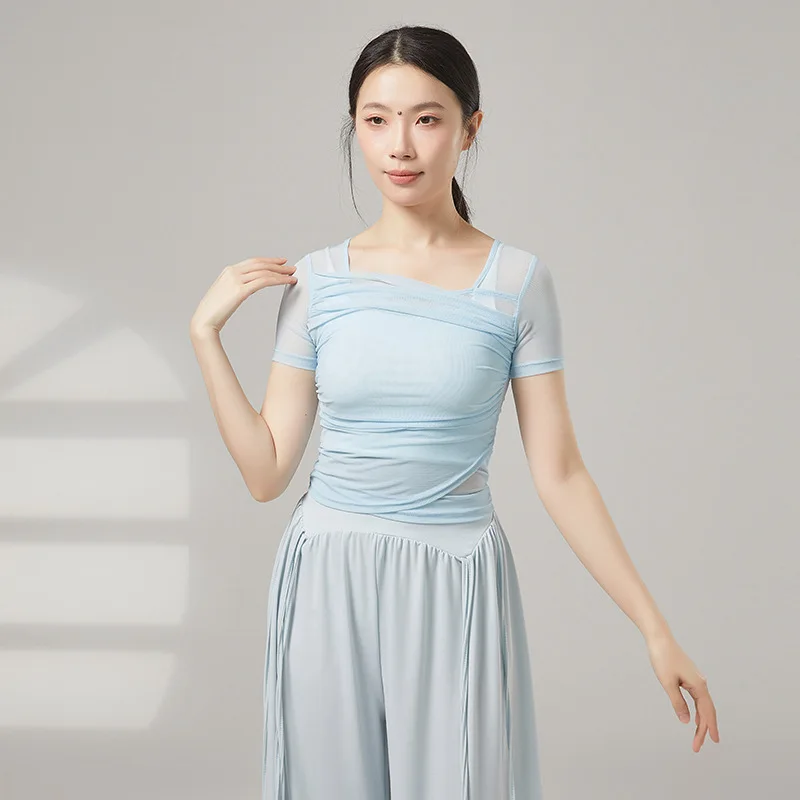 Women's Mesh Dance Top Modern Practice Crop Blouse Short/Long Sleeve Pleated Sheer Shirt See Through Classical Ballet Dancewear
