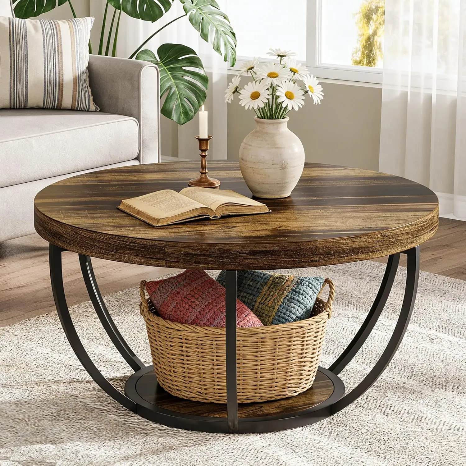 

Round 2-Tier Wood Coffee Table Storage Open Shelves Farmhouse Living Room Center Table 32in Rustic Brown, Customized