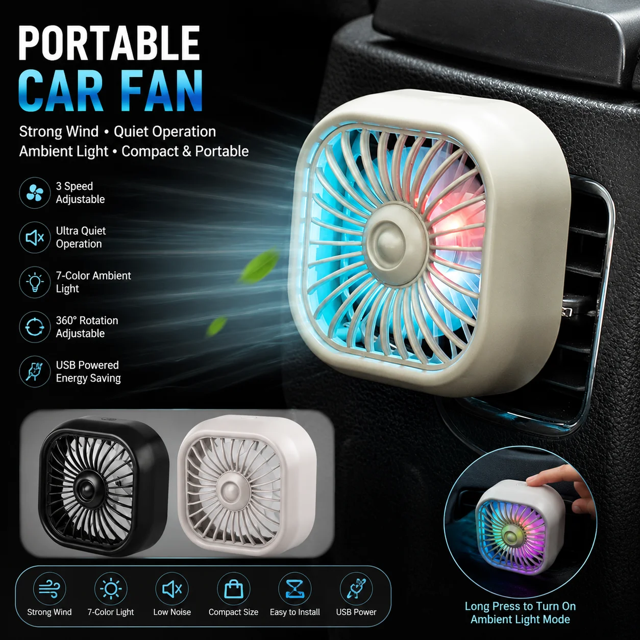 Car Air Outlet Mini Cooling Fan USB Portable 3-Speed Adjustable Colorful Light Auto Vent Cooler Energy Saving Car Accessories