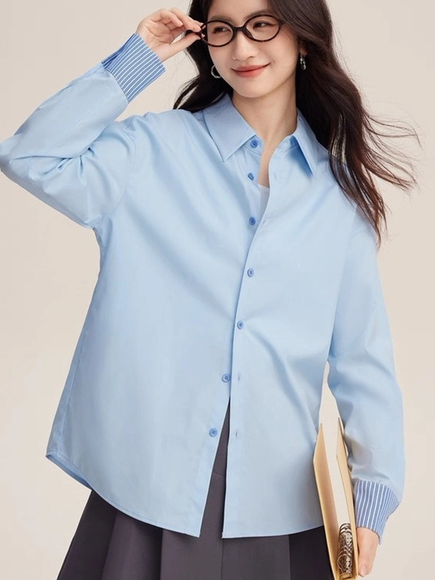

Ele Simple Faion Long Sve Women's irt Comfortable High-End Feel Commute Sle Korean Version Silk Top
