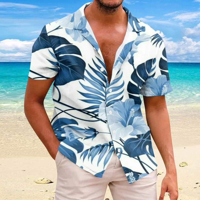 Camisa havaiana de manga curta masculina, camisas de flores de praia, estampadas em 3D, tops de moda masculina, 5XL, 2024