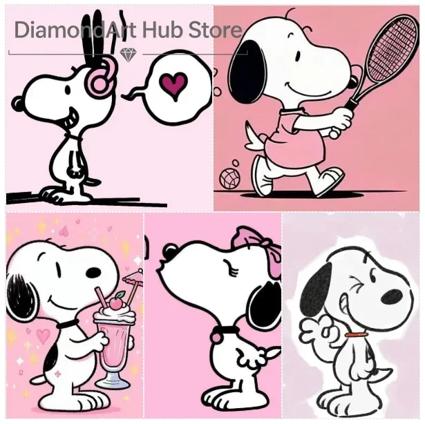 5D DIY Diamond Painting Cute Snoopy Peanuts Cartoon Art, Pink Theme Snoopy With Headphones, Tennis Racket, Milkshake, Bow Snoo