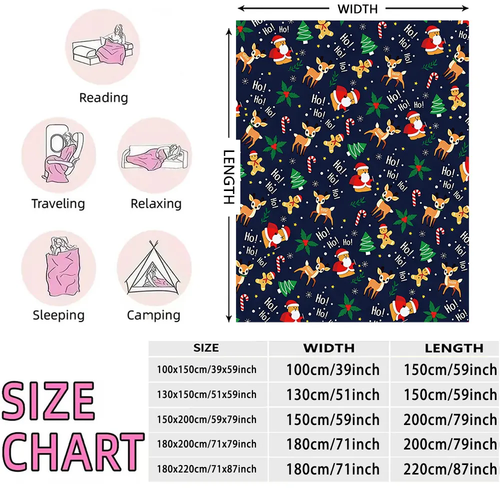 Navy Christmas Santa Reindeer Candy Cane All Over Print Flannel Blanket Soft Sofa Nap Blanket Holiday Home Decor Gift